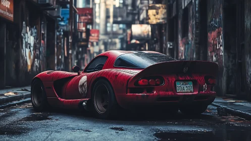 Red sports car waits in a moody, rain-soaked urban alleyway.