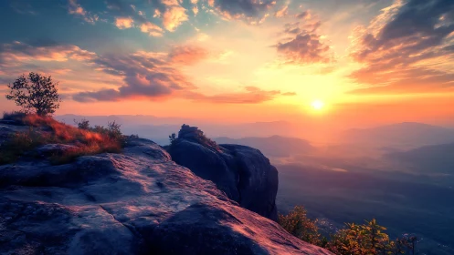 Sunset over rocky cliff with distant hazy mountain range.