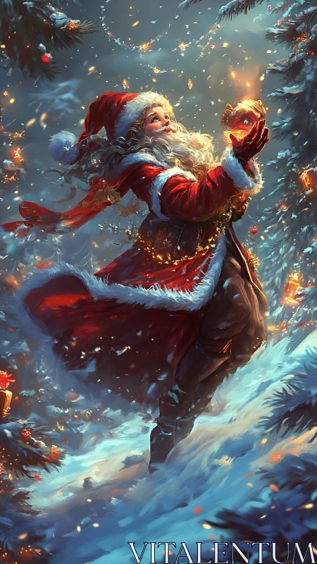 Santa in glowing winter forest with swirling magic light.