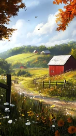 Autumn countryside farm road with red barn and wildflowers.