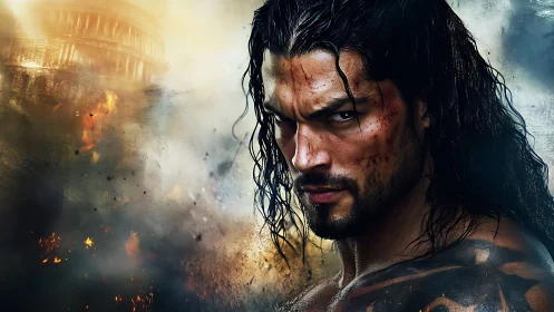 Battle-scarred warrior glares amid a burning ruined city