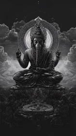 Cosmic elephant-headed guardian seated in stormlit void.