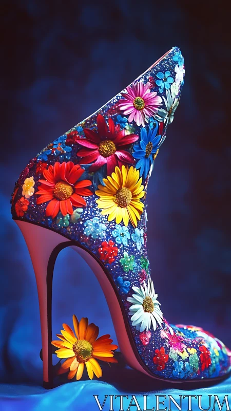 Chromatic floral stiletto with high-gloss micro-textured surface.