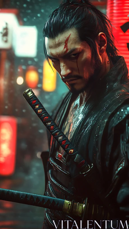 Scarred samurai pauses in neon rain, guarding twin blades