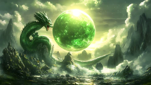 Emerald celestial dragon coiled around radiant energy sphere