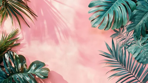 Tropical palm leaves against soft pink textured wall.