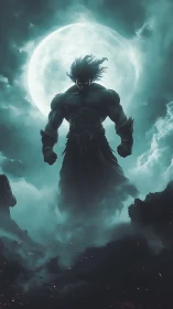 Moonlit shadow warrior emerging through cinematic storm fog.