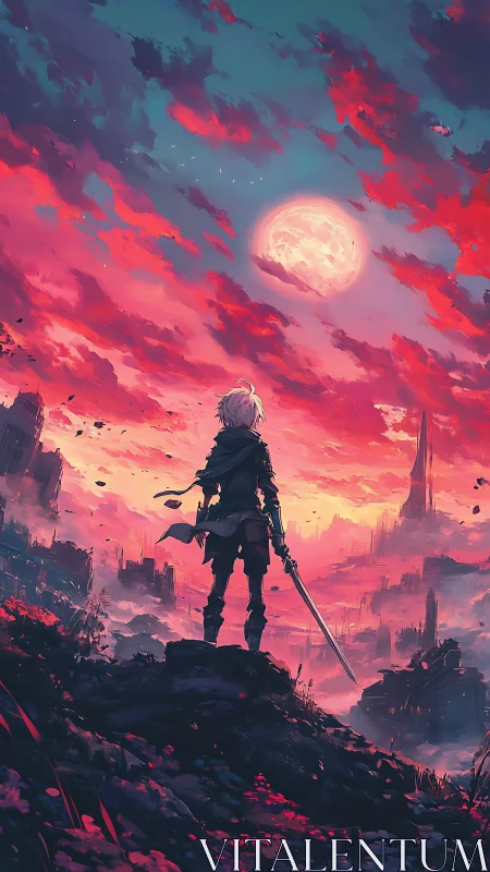 Lone swordsman overlooking luminous moonlit ruins at dusk.