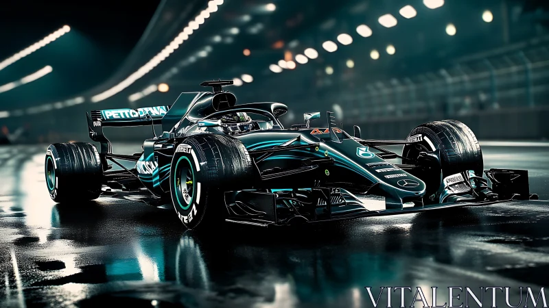 Midnight circuit predator hums over rain-slicked tarmac lights