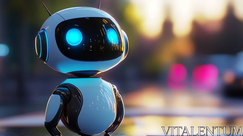 Curious little robot glowing softly in the evening light.