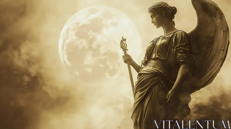 Moonlit marble angel keeps silent vigil in stormy gold haze.