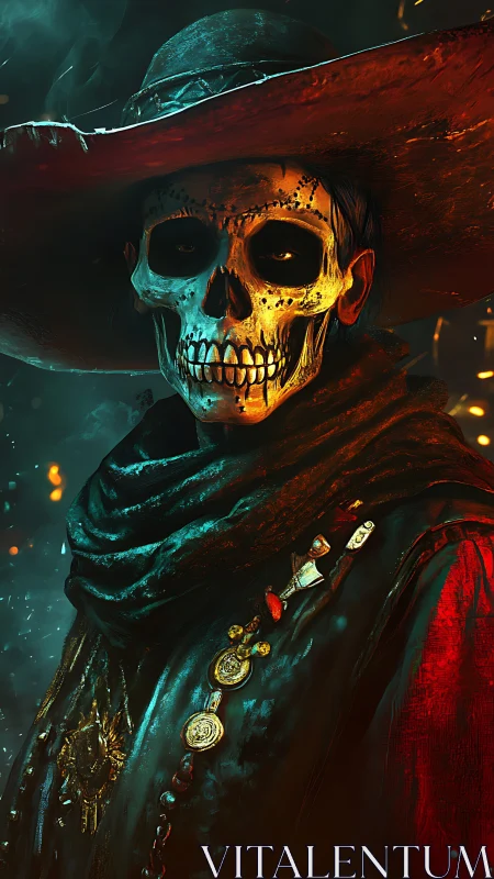 Skull-faced gunslinger in ember-lit digital portrait.