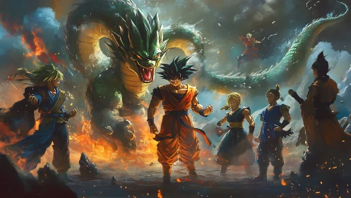 Fiery anime warriors confront an ancient emerald dragon in battle