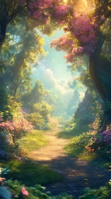 Luminous Forest Canopy: Sunlit Pathway Through Blooming Botanical Architecture.