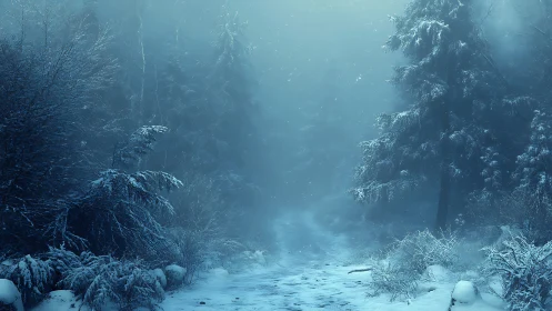 Softly lit winter forest path wrapped in quiet mist.