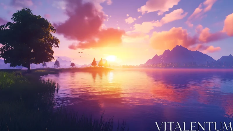 Sunset Landscape with Lake, Mountains, and Golden Sky Reflection.