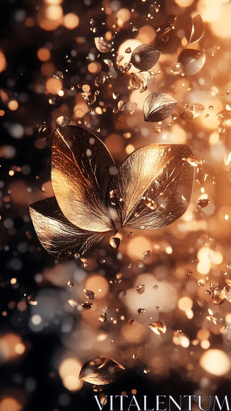 Golden metallic petals suspended in glowing bokeh field.