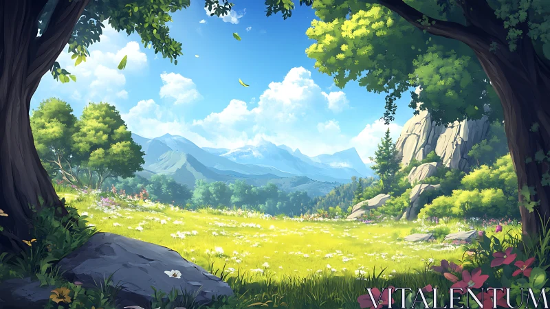 Framed landscape shows mountain range beyond sunlit meadow