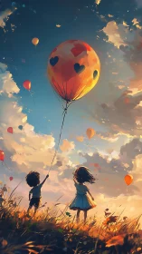 Children holding decorated balloon in field at sunset.