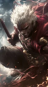 White haired warrior lunges through stormlit battlefield.