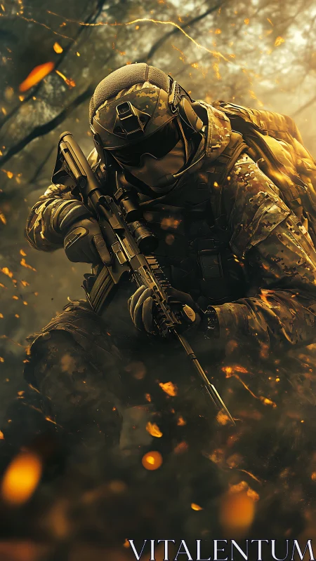 Forest guardian in tactical gear, paused in embered dusk.