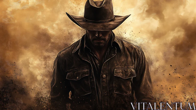 Lone cowboy walks through swirling desert dust with resolve