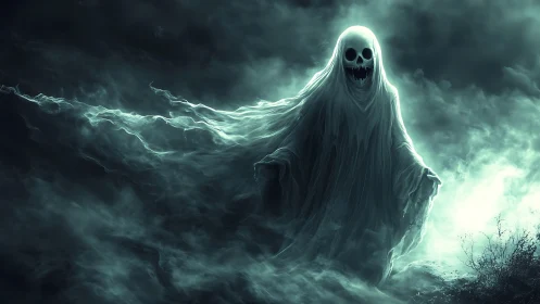 Ghostly phantom glides through swirling mist and moonlit fog