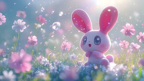 Pink cartoon bunny in glowing flower field at sunrise.
