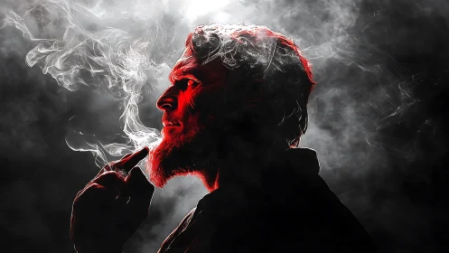 Red-lit smoking profile cuts through swirling dramatic smoke