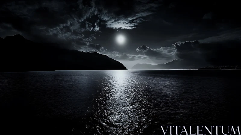Monochrome nocturnal seascape with silhouetted coastal mountains.