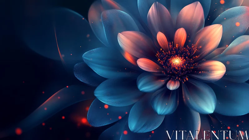 Iridescent digital flower bloom in neon blue and coral glow.