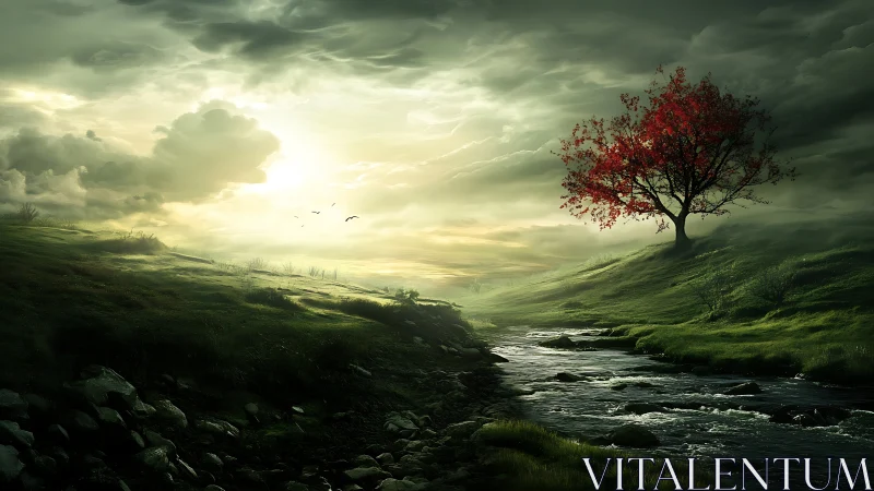 Morning light welcomes a lone red tree by a quiet stream