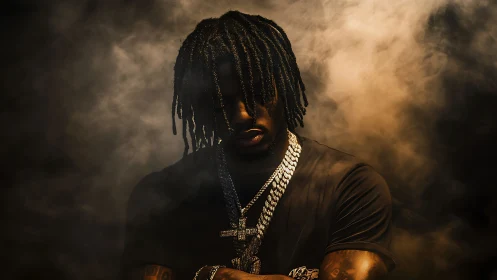 Moody low-key hip-hop portrait with dramatic smoke backdrop.