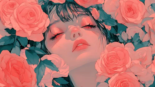 Serene female portrait surrounded by soft pink roses.
