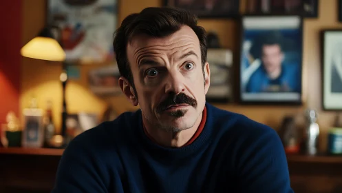 Mustached man caught mid-thought in warmly lit study scene.