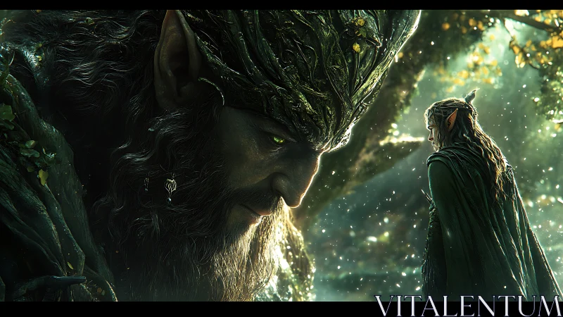 Forest entity and cloaked elf in luminous woodland scene.