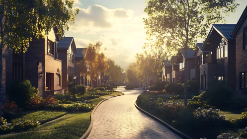 Sunlit suburban lane curving through modern brick homes.