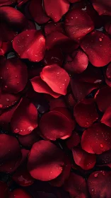 Red rose petals with water droplets arranged in dense composition