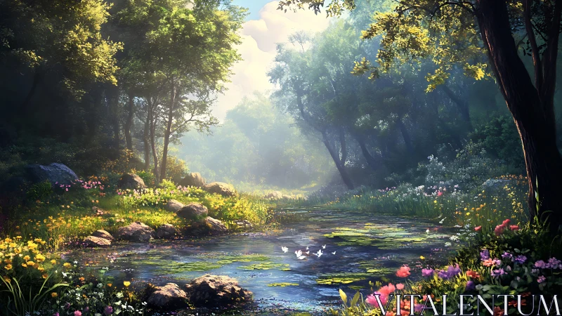 Luminous Forest Stream with Deciduous Canopy and Seasonal Floral Composition