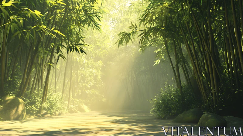 Sunlit bamboo forest path glows with soft morning haze