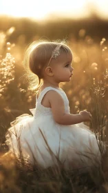 Young girl in white dress stands gracefully in golden sunset field.