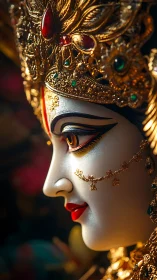 Radiant goddess sculpture glowing with golden ornament detail.