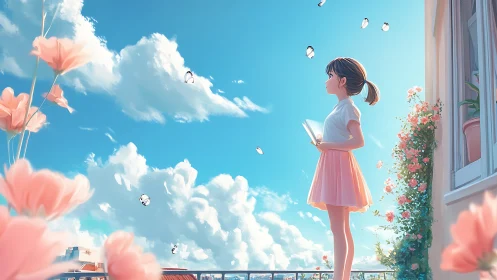 Daydreaming girl with book under soft blue summer sky.
