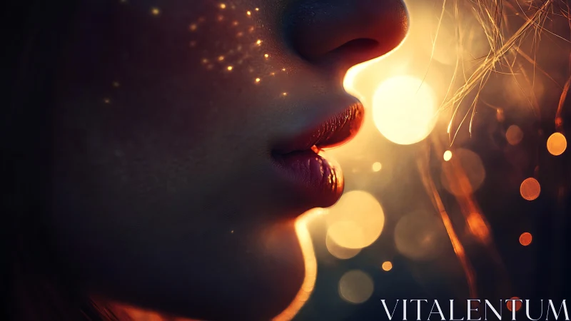 Macro close-up of illuminated lips with warm bokeh orbs
