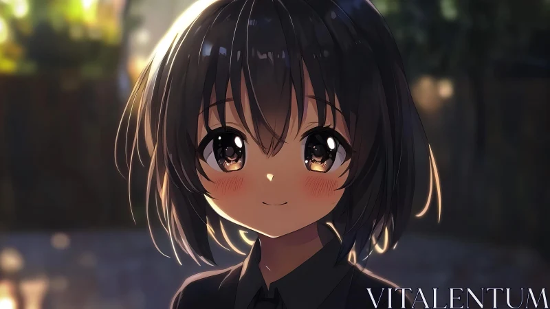 Soft dusk-eyed girl with starlit smile and midnight bob.