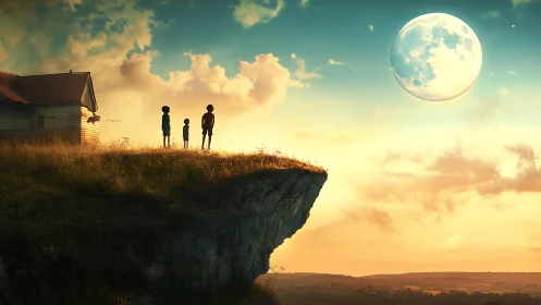Silhouetted children observe an oversized moon at cliff edge