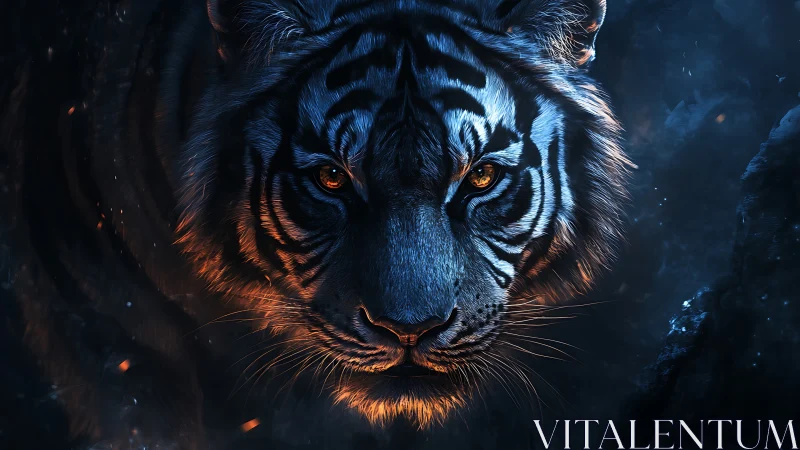 Blue lit tiger advances through shadowed forest at night