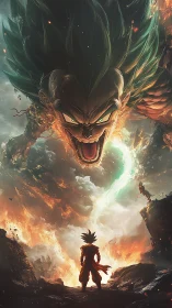 Warrior confronts colossal flaming titan amid storm sky.