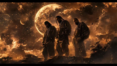 Three figures under enlarged moon in orange-toned sky.