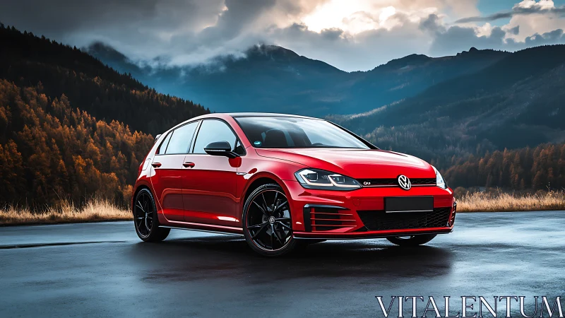 Bold red hatchback enjoys a crisp mountain road backdrop